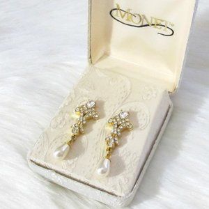 Monet | Vintage Chandelier Gold Crystal Pearl Earrings Vintage